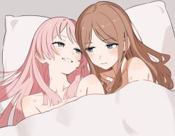 2girls absurdres add_leir bang_dream! bang_dream!_it&#039;s_mygo!!!!! bare_shoulders bed_sheet bite_mark bite_mark_on_shoulder blue_eyes blunt_ends blush brown_hair chihaya_anon clenched_teeth closed_mouth collarbone commentary_request fang grey_background grey_eyes grin hickey highres long_hair looking_at_another looking_to_the_side multiple_girls nagasaki_soyo naked_sheet open_mouth parted_bangs pillow pink_hair side-by-side sidelocks smile teeth under_covers upper_body yuri