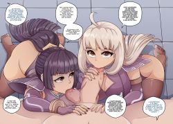 1boy 2girls armor ass blonde_hair blunt_bangs breasts brown_eyes brown_legwear cleavage_cutout clone_zero clothing_cutout elbow_gloves fellatio fingerless_gloves from_above genderswap gloves heart heart-shaped_pupils hetero highres igniz_(kof) large_breasts leotard long_hair looking_up multiple_girls nail_polish navel omitv oral original_zero penis ponytail pov purple_gloves purple_hair shoulder_armor snk soles speech_bubble symbol-shaped_pupils testicle_sucking text_focus the_king_of_fighters thighhighs tile_floor tiles toes uncensored