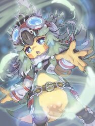 1girl armor belt bird_girl bird_tail blue_eyes blue_pupils blurry blurry_foreground blush_stickers claws faulds feather_hair feathers finch_(xenoblade) flat_chest foreshortening fur_collar gauntlets goggles goggles_on_head green_hair highres looking_at_viewer mask mask_on_head monster_girl open_mouth outstretched_hand palms solo tail tamakake_(tamakake58n) xenoblade_chronicles_(series) xenoblade_chronicles_2
