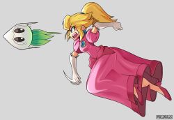 1girl artist_name blonde_hair blue_eyes breasts brooch clenched_hand dress earrings elbow_gloves eyelashes from_side frown full_body gloves grey_background hair_tie high_heels highres jewelry long_dress long_hair mag_(magdraws) mario_(series) medium_breasts nintendo no_socks open_hand open_mouth pink_dress pink_shoes princess princess_peach puffy_short_sleeves puffy_sleeves shoes short_sleeves simple_background solo super_mario_bros._2 tears teeth thick_eyebrows throwing turnip white_gloves