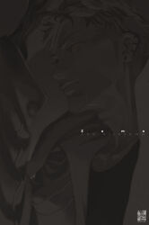 Rule 34 | 1boy, absurdres, artist name, commentary, dandadan, ear piercing, highres, pakupaku keema, piercing, qr code, scar, scar on chin, scar on face, short hair, solo, unji zuma