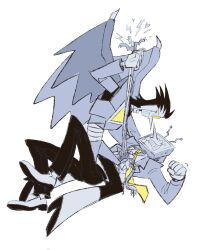 2boys ant_tenna cable commentary crt deltarune english_commentary gloves highres holding holding_cable jacket male_focus monochrome multiple_boys necktie object_head pants pointy_nose round_eyewear shoes slimespecter smile spamton_neo tinted_eyewear wings yellow-tinted_eyewear yellow_necktie