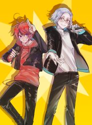2boys absurdres ahoge aotsuki_eito arm_up black_jacket black_pants black_streaks blue_eyes chinese_commentary cropped_jacket drawstring feet_out_of_frame glasses gloves grey_hair hands_up highres holding holding_microphone hood hoodie jacket jacket_over_hoodie looking_at_viewer male_focus microphone multicolored_hair multiple_boys official_alternate_costume open_clothes open_jacket outstretched_arm pants purple_eyes red_hair red_hoodie salute shirt short_hair smile streaked_hair sumino_takumi the_hundred_line_-last_defense_academy- tongwangmingjiedaolu tower_records two-finger_salute white_gloves white_shirt yellow_background