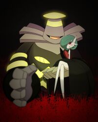 a-nya alternate_color black_background black_dress black_gloves blue_hair bob_cut crossed_legs dress dusknoir elbow_gloves flower gardevoir gen_3_pokemon gen_4_pokemon ghost gloves hair_over_one_eye highres in_palm looking_at_viewer mega_gardevoir mega_pokemon nintendo no_feet one-eyed pokemon pokemon_(creature) red_eyes shiny_pokemon simple_background sitting_on_hand smile spider_lily strapless strapless_dress