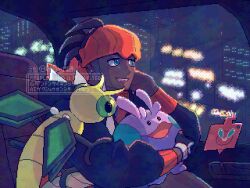 Rule 34 | 1boy, absurdres, black gloves, black hair, black hoodie, blue eyes, building, car interior, dark-skinned male, dark skin, gen 3 pokemon, gen 4 pokemon, gen 6 pokemon, gloves, goomy, hand up, headband, highres, hood, hood down, hoodie, long sleeves, male focus, nintendo, o1168w, open mouth, orange headband, partially fingerless gloves, pixel art, pokemon, pokemon (creature), pokemon swsh, raihan (pokemon), rotom, rotom phone, short hair, skyscraper, smile, teeth, undercut, vibrava