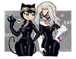 2girls absurdres animal_costume batman_(series) black_cat_(marvel) black_choker black_gloves black_hair blue_eyes bodysuit breasts cat_costume cat_tail catwoman character_name choker claws cleavage commentary cropped_legs crossover curvy dc_comics domino_mask fake_tail felicia_hardy female_focus fur_collar gem gloves goggles green_eyes hand_on_own_hip highres holding holding_gem large_breasts latex latex_bodysuit latex_gloves legs_together lips long_hair looking_at_another lying marvel mask multiple_girls night rariatto_(ganguri) selina_kyle smile solo spider-man_(series) standing tail thick_thighs thigh_gap thighs trait_connection twitter_username white_fur white_gloves white_hair wide_hips zipper zipper_pull_tab