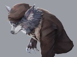 1boy animal_ears brown_hat brown_jacket claws dog_nose fate/grand_order fate_(series) fingerless_gloves fur-trimmed_jacket fur_trim furry furry_male gloves grey_fur grey_hair hat jacket kouzuki_kei leather leather_jacket long_hair looking_to_the_side male_focus patxi_(fate) wolf_boy wolf_ears