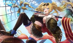 Rule 34 | 1girl, :d, barrel, black boots, black skirt, black tank top, blonde hair, blue eyes, blue sky, bomber jacket, boots, braid, breasts, cleavage, cloud, collarbone, commentary, commission, crop top, day, eyewear on head, fur-trimmed jacket, fur trim, granblue fantasy, green jacket, hair intakes, highres, holding, holding polearm, holding weapon, hsin, jacket, large breasts, long hair, long sleeves, looking at viewer, midriff, navel, open clothes, open jacket, open mouth, outdoors, over shoulder, pleated skirt, polearm, ship, sidelocks, skindentation, skirt, sky, smile, solo, spear, standing, sunglasses, tank top, teeth, thigh boots, thighhighs, thighhighs under boots, twintails, watercraft, watermark, weapon, weapon over shoulder, zeta (dark) (granblue fantasy), zeta (granblue fantasy), zettai ryouiki