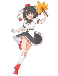 1girl :d arm_up black_bow black_bowtie black_hair black_skirt blush bow bowtie bright_pupils brown_eyes buttons commentary dot_nose frilled_skirt frills full_body geta hat hauchiwa holding kneehighs leg_up looking_at_viewer mizusoba open_mouth pointy_ears pom_pom_(clothes) puffy_short_sleeves puffy_sleeves shameimaru_aya shirt short_hair short_sleeves simple_background skirt smile socks solo split_mouth standing standing_on_one_leg tengu-geta tokin_hat touhou white_background white_pupils white_shirt white_socks