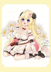 1girl :d animal_ears bare_shoulders black_boots blonde_hair boots border braid breasts brown_border commentary_request detached_sleeves dress flower fur-trimmed_boots fur-trimmed_dress fur-trimmed_sleeves fur_trim grid_background hair_ornament hairclip hand_up highres hololive horns long_hair looking_at_viewer medium_breasts purple_eyes rino_cnc sheep_ears sheep_girl sheep_horns sitting sleeveless sleeveless_dress smile solo tsunomaki_watame tsunomaki_watame_(1st_costume) very_long_hair virtual_youtuber wariza white_background white_dress white_flower white_sleeves
