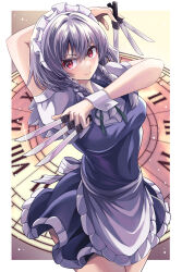 1girl absurdres apron back_bow between_fingers bow braid closed_mouth commentary_request green_ribbon grey_hair happy_ginko highres holding holding_knife izayoi_sakuya knife knives_between_fingers long_hair looking_at_viewer maid maid_headdress neck_ribbon puffy_short_sleeves puffy_sleeves red_eyes ribbon roman_numeral short_sleeves smile solo touhou twin_braids waist_apron white_apron white_bow wrist_cuffs