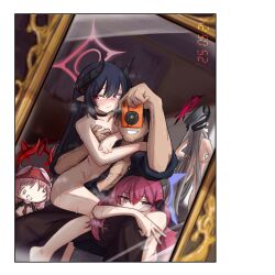 1boy 4girls 743_(743rd_bat) absurdres black_choker black_hair black_horns black_shirt blue_archive blush camera chiaki_(blue_archive) choker closed_mouth clothed_male_nude_female completely_nude grey_eyes grey_hair grin hair_between_eyes halo hetero highres holding holding_camera horns iroha_(blue_archive) long_hair looking_at_viewer makoto_(blue_archive) multiple_girls nude object_on_head panties panties_on_head pink_hair pink_halo purple_halo red_eyes red_hair red_halo red_horns red_panties satsuki_(blue_archive) shirt sitting sitting_on_lap sitting_on_person smile standing sweat underwear v very_long_hair