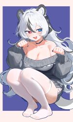 Rule 34 | 1girl, :d, absurdres, animal ears, bare shoulders, black choker, black nails, black streaks, blue background, blue eyes, border, breasts, choker, cleavage, collarbone, crossed bangs, grey sweater, heart, heart in eye, heterochromia, highres, indie virtual youtuber, kalmia lune, large breasts, light blush, long hair, looking at viewer, ms. tsu, multicolored hair, off-shoulder sweater, off shoulder, open mouth, paw pose, red eyes, second-party source, sidelocks, smile, solo, squatting, streaked hair, sweater, symbol in eye, tail, thighhighs, very long hair, virtual youtuber, white border, white hair, white thighhighs