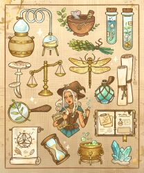 1girl animal aqua_skirt armor balance_scale beads book bookmark bottle bowl breasts brown_corset brown_gauntlets brown_hat bubble bug cauldron cleavage commentary corset crystal dragonfly english_commentary gauntlets gold_necklace green_eyes hair_beads hair_ornament hat highres holding holding_book hourglass insect jewelry kurainvillager leaf long_hair looking_at_viewer magnifying_glass mortar_(bowl) mouse_(animal) mushroom necklace object_focus object_request original pestle plant pointy_ears potion scroll shoulder_armor sigil simple_background skirt test_tube weighing_scale white_hair witch witch_hat