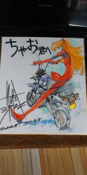 1girl 2025 artist_name blue_eyes bodysuit censored commentary_request dated hairpods highres interface_headset_(evangelion) legs license_plate long_hair long_legs looking_at_viewer mecha_pilot_suit motor_vehicle motorcycle neon_genesis_evangelion on_motorcycle orange_hair photo_(medium) plugsuit_(evangelion) red_bodysuit red_sleeves sadamoto_yoshiyuki science_fiction second-party_source shikishi signature skinny smoke solo souryuu_asuka_langley traditional_media wheel yamaha