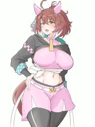 Rule 34 | 1girl, ahoge, animal ears, belt, black pantyhose, breasts, brown hair, commentary request, cowboy shot, dantsu flame (umamusume), ear covers, hair between eyes, hand on own hip, heart, highres, horse ears, horse girl, horse tail, large breasts, looking at viewer, miya nns35, navel, open mouth, pantyhose, pink shorts, shorts, simple background, smile, solo, sweat, tail, umamusume, white background, white belt, yellow eyes