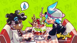2boys aqua_hair asymmetrical_hair backwards_hat baseball_cap berry black_bridal_gauntlets black_gloves black_hood black_hoodie black_sleeves black_sweater blue_eyes blue_pupils blueberry bridal_gauntlets chair character_background cherry child chocolate_syrup coat commentary cookie copyright_name cup dark-skinned_male dark_skin diner dreadlocks english_commentary facial_scar fingerless_gloves food from_above from_side fruit gloves green_background grey_sleeve_cuffs gumchi gungho hair_tie halftone halftone_background hand_on_table hat high_collar holding holding_spoon hood hood_down hoodie kappei_(ninjala) kinky_hair kiwi_(fruit) kiwi_slice logo long_sleeves male_focus medium_hair multiple_boys napkin ninjala nose_tape official_art on_chair open_mouth outline pocky polka_dot polka_dot_background popped_collar profile puffy_long_sleeves puffy_sleeves purple_outline rianti-wong ron_(ninjala) scar scar_on_cheek scar_on_face second-party_source short_hair shuriken sidecut sideways_mouth sleeves_rolled_up spoken_sweatdrop spoon strawberry strawberry_slice sweatdrop sweater sweets table teeth tongue two-sided_coat two-sided_fabric undercut upper_teeth_only wafer_stick watermark weapon web_address white_coat white_hat white_sleeves yellow_eyes yellow_pupils zipper