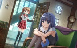2girls analog_clock apartment armchair arms_on_knees artist_request bare_arms bare_shoulders black_dress black_shoes black_sleeves black_thighhighs blanket blue_bow blue_bowtie blue_eyes blue_hair blunt_bangs book bow bowtie breast_pocket brown_hair buttons casual chair checkered_floor clock collarbone collared_dress crossed_arms crying crying_with_eyes_open day desk dot_nose dress dutch_angle envelope feet_out_of_frame fingernails frilled_dress frills frown full_body game_cg grey_pantyhose hair_intakes hair_ribbon hand_on_own_arm high-waist_skirt highres holding holding_envelope indoors jewelry kamihama_university_affiliated_school_uniform knees_up layered_sleeves light_blush living_room long_hair long_sleeves looking_ahead magia_record:_mahou_shoujo_madoka_magica_gaiden mahou_shoujo_madoka_magica mahou_shoujo_madoka_magica_magia_exedra multiple_girls nanami_yachiyo off-shoulder_dress off_shoulder official_art on_chair orange_eyes pantyhose parted_lips plaid_clothes plaid_skirt pleated_skirt pocket red_sailor_collar red_skirt ribbon ring sad sailor_collar school_uniform shirt shoes short_dress short_over_long_sleeves short_sleeves side_ponytail sidelocks sitting skirt tareme tears thighhighs white_shirt white_sleeves window worried yellow_ribbon yui_tsuruno