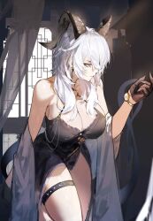 1girl absurdres alternate_costume bare_shoulders black_choker black_dress black_gloves black_horns breasts choker closed_mouth collarbone commentary cowboy_shot criss-cross_halter curled_horns dress earrings english_commentary gloves half_gloves halterneck hand_up highres horns indoors jewelry key_earrings large_breasts lewdlily66 long_hair pants red_eyes side_slit solo thigh_strap watch white_hair wristwatch wuthering_waves zani_(wuthering_waves)