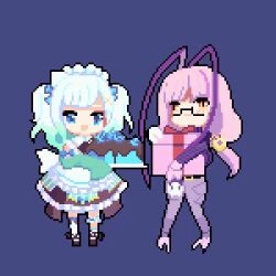 2girls animated animated_gif apron birthday birthday_cake birthday_present cake food glasses heart maid maid_apron maid_headdress matara_kan matara_kan_(casual) meganehasaikou multicolored_hair multiple_girls pink_hair pixel_art purple_background virtual_youtuber vshojo yellow_eyes