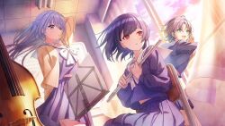 3girls asakura_toru black_hair blue_eyes blue_hair blue_skirt bow cello chair cloud flute game_cg hair_ornament hairclip holding idolmaster idolmaster_shiny_colors indoors instrument jacket morino_rinze multicolored_hair multiple_girls music_stand official_art open_mouth pleated_skirt purple_hair red_eyes sailor_collar school_uniform serafuku sitting skirt sunset suzuki_hana window