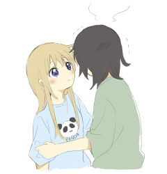 2girls animal_print bear_print blonde_hair blue_eyes blue_shirt blush brown_hair closed_mouth clothes_writing cropped_torso embarrassed english_text face-to-face flat_chest funami_yui green_shirt hand_on_another&#039;s_arm head_blush head_steam highres long_hair looking_at_another looking_up multiple_girls panda_print shaking shirt short_hair simple_background smile t-shirt taishookameyan three-quarter_sleeves toshinou_kyouko upper_body white_background yuri yuruyuri