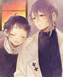 2boys ahoge black_shirt blue_eyes blush cherry_jjill closed_eyes collared_shirt cross double-parted_bangs father_and_son faux_traditional_media greek_cross hair_behind_ear hair_between_eyes hair_ribbon head_on_another&#039;s_shoulder high_collar highres hypnosis_mic jacket jinguji_jakurai kannabi_yotsutsuji lapels layered_shirt leaning_on_person light_particles long_bangs long_hair looking_at_another low_ponytail male_focus mature_eyes multiple_boys nose_blush notched_lapels orange_sky parted_bangs peanut_mouth ponytail purple_hair raised_eyebrows ribbon shirt short_bangs short_hair sky sleeping sleeping_upright smile upper_body very_short_hair watercolor_effect white_jacket white_shirt window