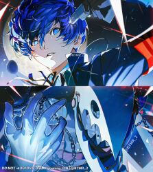 Rule 34 | 1boy, armband, black gloves, black jacket, black ribbon, blue eyes, blue hair, btmr game, chain, collared shirt, commentary, evoker, full moon, gekkoukan high school uniform, gloves, gun, gun to head, hair between eyes, handgun, holding, holding gun, holding weapon, jacket, long sleeves, male focus, moon, neck ribbon, parted lips, persona, persona 3, persona 3 reload, red armband, ribbon, school uniform, shirt, symbol-only commentary, thanatos (persona), twitter username, upper body, weapon, white shirt, yuuki makoto (persona 3)