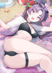 1girl ass bikini black_bikini blue_archive blush bracelet breasts cleavage coffeekite criss-cross_halter earrings eyeliner eyewear_on_head flower hair_flower hair_ornament halo halterneck high_ponytail highres jewelry large_breasts long_hair looking_at_viewer lying makeup o-ring on_side open_mouth parted_bangs ponytail purple_eyes purple_hair see-through_clothes shirt short_sleeves smile solo sunglasses swimsuit thigh_strap thighs very_long_hair white_shirt yukari_(blue_archive) yukari_(swimsuit)_(blue_archive)