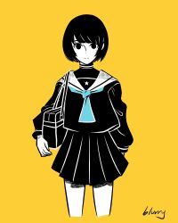 1girl arm_at_side artist_name black_eyes black_hair black_skirt blue_neckerchief blurryken highres kako_ni_torawareteiru_(tuyu) long_sleeves looking_at_viewer neckerchief school_uniform skirt solo standing yellow_background