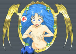 1girl a_(phrase) blue_eyes blue_hair breasts clumsy commentary_request convenient_censoring crystal_ball curtained_hair dropping feena_(ys) groin long_hair looking_at_object mirror navel nishinozawa_kaorisuke nude open_mouth orb parody scanlines small_breasts small_sweatdrop solo speech_bubble standing through_medium through_mirror title_screen twitching very_long_hair wide-eyed wings ys
