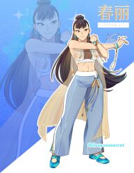 Rule 34 | 1girl, abs, absurdres, alternate costume, artist name, blue pants, breasts, brown eyes, brown hair, capcom, character name, chun-li, closed mouth, commentary, deepseasecret, earrings, english commentary, full body, hair bun, highres, jewelry, long hair, medium breasts, midriff, official alternate costume, official alternate hairstyle, pants, single hair bun, smile, solo, street fighter, street fighter 6, stretching, toned, toned female, twitter username