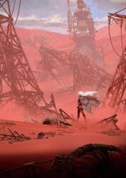 1girl a2_(nier:automata) absurdres cable cloak cloud cloudy_sky desert highres long_hair nier:automata nier_(series) official_art power_lines radio_tower ruins sand scenery sky solo utility_pole walking white_hair