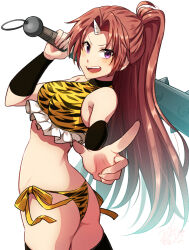1girl apprentice_cleric_(goblin_slayer!) ass bikini breasts club_(weapon) cosplay goblin_slayer! highres horn kankitukou large_breasts oni ponytail purple_eyes red_hair swimsuit tiger_print_bikini