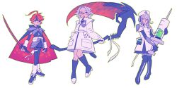 Rule 34 | 2boys, absurdres, ahoge, aotsuki eito, black boots, black hair, boots, braid, braided hair rings, braided ponytail, closed mouth, full body, glasses, hair rings, highres, holding, holding needle, holding scythe, holding sword, holding weapon, jacket, kirifuji nozomi, knee boots, long hair, long sleeves, looking at viewer, messy hair, multiple boys, needle, open mouth, red hair, scythe, simple background, standing, sumino takumi, sword, the hundred line -last defense academy-, thigh boots, weapon, white background, white hair, white jacket