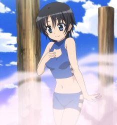 Rule 34 | 10s, 1girl, anime screenshot, bike shorts, black hair, blue eyes, blush, breasts, cleavage cutout, clothing cutout, crop top, dog days, female focus, jewelry, navel, non-web source, ring, short hair, smile, smoke, solo, stitched, takatsuki nanami, third-party edit