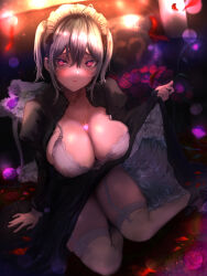 1girl absurdres black_dress blush bra breasts closed_mouth dress grey_hair highres kuro_no_maou large_breasts light_smile lingerie looking_at_viewer maid_headdress nikuman_(samara) petals pink_eyes prim_fiorire_(kuro_no_maou) rose_petals side_ponytail sitting suspenders thighhighs thighs underwear white_bra white_thighhighs