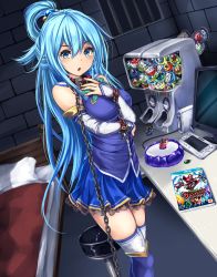 Rule 34 | 1girl, :o, aqua (konosuba), bare shoulders, bdsm, bed, blue eyes, blue hair, blue skirt, blush, boots, breasts, chain, collar, cuffs, detached sleeves, female focus, game console, hair between eyes, highres, indoors, kamen rider, kono subarashii sekai ni shukufuku wo!, long hair, looking at viewer, medium breasts, monikano, monitor, open mouth, shackles, skirt, solo, standing, thigh boots, thighhighs, thighhighs under boots, white thighhighs, wii u