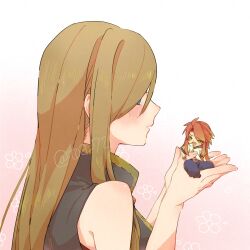 1boy 1girl baggy_pants bare_arms bare_shoulders black_dress black_pants blue_eyes blush brown_hair commentary_request dress from_side gradient_background green_eyes highres in_palm jacket long_hair looking_at_another luke_fon_fabre mini_person miniboy open_mouth pants popped_collar profile red_hair short_sleeves sidelocks sitting size_difference sleeveless sleeveless_dress tales_of_(series) tales_of_the_abyss tear_grants toa_72 twitter_username upper_body white_jacket
