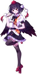 1girl :q bird_wings black_bow black_bowtie black_thighhighs black_wings bow bowtie breasts brown_hair calligraphy_brush closed_mouth collared_shirt commentary_request feathered_wings frilled_skirt frills full_body geta hat highres holding holding_calligraphy_brush holding_paintbrush leaf_print leg_up looking_at_viewer multicolored_shirt paintbrush pom_pom_(clothes) puffy_short_sleeves puffy_sleeves red_eyes red_hat red_shoes second-party_source shameimaru_aya shirt shoes short_hair short_sleeves skirt smile solo ssm_(ssm82048039) standing standing_on_one_leg tachi-e tengu-geta thighhighs tokin_hat tongue tongue_out touhou transparent_background white_shirt wings