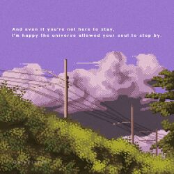 bush cloud cloudy_sky dithering english_text highres no_humans onlypixeeels original outdoors pixel_art power_lines purple_sky scenery sky tree