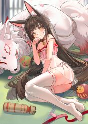 1girl absurdres animal_ear_fluff animal_ears ariko_(aaaaarik) artist_name azur_lane brown_eyes brown_hair camisole closed_mouth commentary english_commentary flat_chest fox fox_ears fox_girl full_body highres jewelry legs long_hair looking_at_viewer lying nagato_(azur_lane) nagato_(great_fox&#039;s_respite)_(azur_lane) necklace no_shoes official_alternate_costume on_side panties petals red_camisole red_panties ribbon-trimmed_thighhighs ribbon_trim see-through_camisole see-through_clothes side-tie_panties solo strap_slip thighhighs toes underwear very_long_hair white_thighhighs