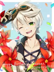 Rule 34 | 1boy, ;d, adversarial noise, arm up, azuma yuki, bennett (genshin impact), brown gloves, character name, collarbone, commentary request, confetti, dated, flower, genshin impact, gloves, goggles, goggles on head, green eyes, grey hair, hair between eyes, hand on goggles, happy birthday, highres, long sleeves, looking at viewer, male focus, one eye closed, open mouth, red flower, shirt, smile, solo, upper body, white shirt