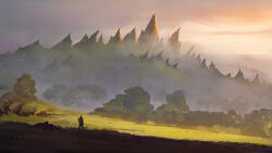 Rule 34 | 1boy, 1other, cambocreation, cloud, cloudy sky, flock, fog, from behind, godzilla, godzilla (series), grass, kaiju, looking at another, monster, mountain, painterly, scenery, sky, tree