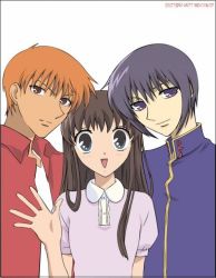 1girl 2boys brown_hair fruits_basket grey_hair honda_tooru looking_at_viewer multiple_boys orange_eyes orange_hair purple_eyes sohma_kyou sohma_yuki waving