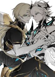 Rule 34 | 2boys, armor, bandaged chest, bandaged leg, bandages, blonde hair, blue eyes, chinese commentary, chinese text, kevin kaslana (diabolic), glowing, glowing eyes, green eyes, hair between eyes, hand on another&#039;s chest, headpiece, heads together, highres, honkai (series), honkai impact 3rd, kevin kaslana, leaning back, leaning forward, leaning on person, long hair, looking at another, low ponytail, multiple boys, otto apocalypse, pants, parted lips, partially colored, pointy ears, ponytail, qieazhibingjiling, short hair, short sleeves, shoulder armor, simplified chinese text, white background, white hair, yaoi