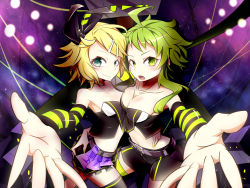 2girls ass_grab asymmetrical_docking bingshan black_bow black_skirt blonde_hair blue_eyes bow breast_press breasts cleavage cowlick green_eyes green_hair gumi hair_bow hand_on_another&#039;s_hip highres kagamine_rin looking_to_the_side luvoratorrrrry!_(vocaloid) medium_breasts midriff multiple_girls navel outstretched_arm short_hair short_shorts shorts skirt small_breasts vocaloid
