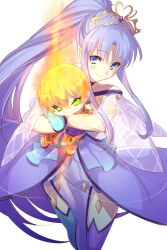 1boy 1girl asymmetrical_gloves asymmetrical_legwear bare_shoulders blonde_hair blue_dress blue_eyes blue_gloves blue_hair blue_thighhighs blush breasts clenched_teeth collarbone dress echo_(circa) fate/grand_order fate_(series) gloves green_eyes green_gloves green_thighhighs jason_(fate) long_hair looking_at_viewer medea_(fate) medea_lily_(fate) mismatched_gloves mismatched_legwear pelvic_curtain pointy_ears ponytail short_hair sidelocks small_breasts teeth thighhighs
