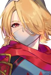 1girl alternate_color blonde_hair braid eyelashes hair_over_one_eye long_hair looking_at_viewer mask mouth_mask nintendo player_2 red_eyes red_scarf scarf sheik simple_background solo super_smash_bros. the_legend_of_zelda the_legend_of_zelda:_ocarina_of_time upper_body white_background white_mask yasaikakiage