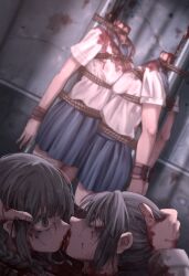 2girls blood blood_on_clothes blue_skirt bound bound_wrists braid breast_press commentary_request corpse crying crying_with_eyes_open cuffs forced_kiss grey_eyes grey_hair guro highres huyunokure miniskirt multiple_girls original partial_commentary restrained rope school_uniform severed_head shirt short_sleeves skirt symmetrical_docking tears white_shirt